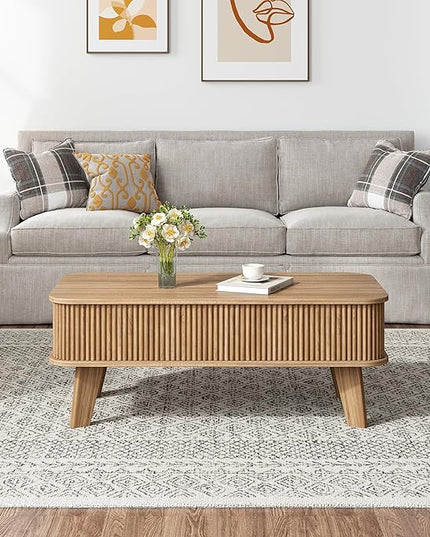 LCVTND Fluted Lift Top Coffee Table with Storage, Modern Wood Coffee Table Retro Center Table with Hidden Lifting Table Top Compartment for Living Room, Home, Office, Natural