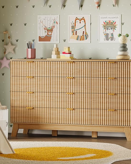BORNOON 57" Wide Dresser for Bedroom, 12-Drawer Fluted Dresser with Metal Handles, Wood Chest of Drawers with Smooth Slides and Stable Base, Modern Storage Cabinet for Living Room, Nursery