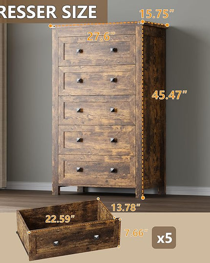 BORNOON Tall 5-Drawer Dresser, Modern Wooden Storage Chest of Drawers, Dresser TV Stand, Wood Drawer Organizer with Metal Handles for Bedroom, Living Room, Hallway