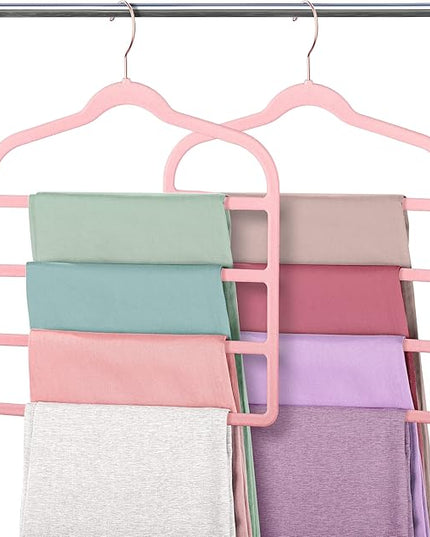 Velvet Pants Clothes Hanger Space Saving Non Slip Pants Shorts Hanger, Myfolrena Jeans Slack Trousers Hangers Multiple Velvet Hanger Closet Storage and Organization for Jeans,Scarf,Tie(Pink, 5)