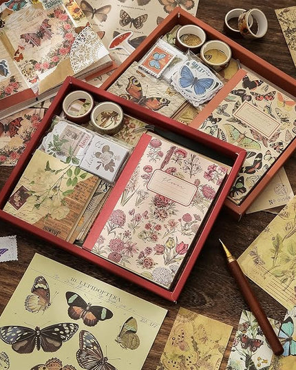 emmoolife Vintage Aesthetic Scrapbooking Supplies Kit, Flowers Botanical Bullet Junk Journal Kit with Journaling Supplies, Tweezers, A6 Grid Notebook,Stationery,Sticker, Birthday Craft Gift for Adult