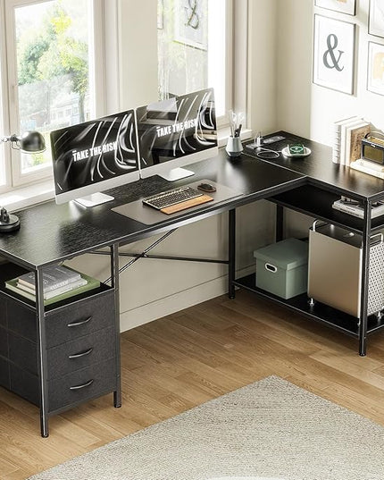Huuger L Shaped Desk with Power Outlets, 63 Inch Reversible Computer Desk with 3 Drawers and Shelves, Home Office Table for Corner Work Study Writing Gaming, Black