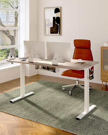 FLEXISPOT EN2 Whole-Piece Standing Desk with Clamp Power Strip, 48 x 30 Electric Stand Up Height Adjustable Desk with Cable Management (White Frame + 48" Gray Wood Grain, 2 Packages)