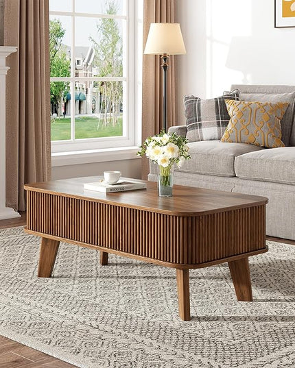 LCVTND Fluted Lift Top Coffee Table with Storage, Modern Wood Coffee Table Retro Center Table with Hidden Lifting Table Top Compartment for Living Room, Home, Office, Walnut