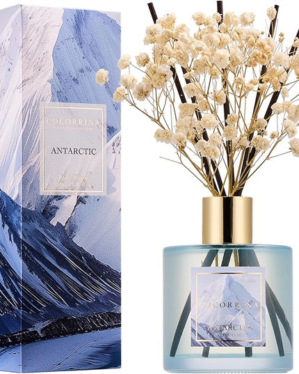 COCORRÍNA Reed Diffuser - Antarctic 6.7 Fl.oz Reed Diffuser Set with 8 Sticks & Preserved Baby's Breath, Reed Diffuser for Home Bathroom Shelf Decor