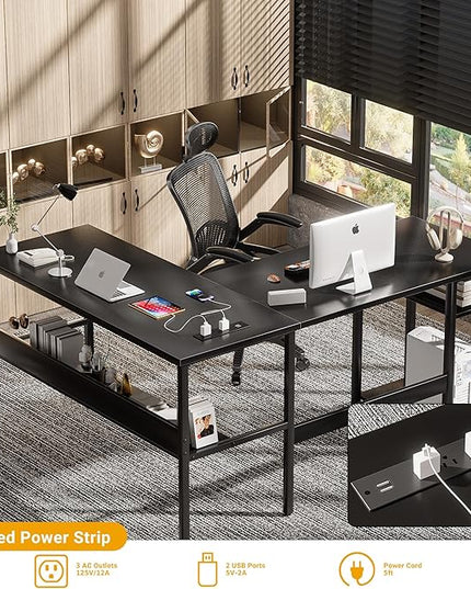 Unikito Reversible L Shaped Desk with Magic Power Outlets and USB Charging Ports, Sturdy Corner Computer Desk with Storage Shelves, Gaming Table Home Office Desk, Easy to Assemble, Black