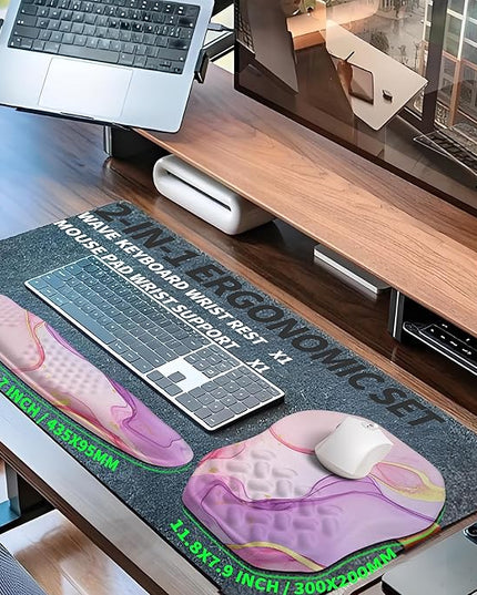 2-in-1 Ergonomic Set, Wave Keyboard Wrist Rest and Massage Slope Mouse Pad Wrist Support, Rebound Memory Foam for Relieve Carpal Tunnel Syndrome and Wrist Pain (Pink Purple Marble)