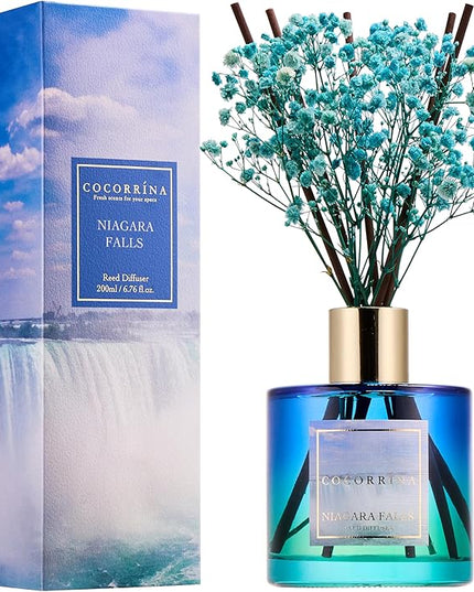 COCORRÍNA Reed Diffuser - Niagara Falls 6.7 Fl.oz Reed Diffuser Set with 8 Sticks & Preserved Baby's Breath, Reed Diffuser for Home Bathroom Shelf Decor