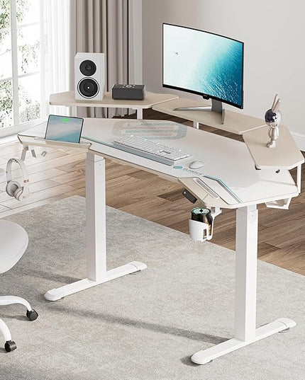 EUREKA ERGONOMIC Standing Desk,63" Electric Adjustable Height Computer Desk,Wing Shaped Music Studio Desk, LED Monitor Stands, Dual Motor&Slot, Maple
