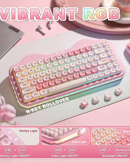 YUNZII C75 Wireless Mechanical Keyboard,75% Layout, Hot-Swappable NKRO,BT5.0/2.4G/USB-C Mode,Dye-Sub PBT MOA Keycaps,RGB Gasket Mount,Cute Cake Design for Mac/Win/Gaming (Pink, Milk V2 Switch)