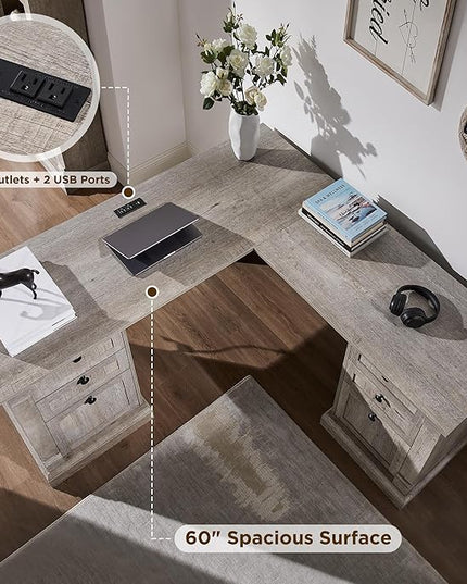 OKD 60" L Shaped Executive Desk with Drawers, Farmhouse Home Office Desk with Charging Station, File Cabinet Storage, Wood Corner Computer Desk for Work and Study, Light Rustic Oak