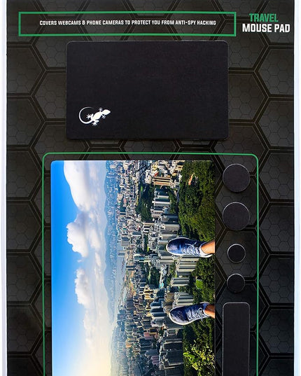 Mouse Pad Travel Size with Adhesive Bottom, Mini Mouse Pad Sticks to Any Surface, Plus Webcam or Camera Privacy Tab Covers and Screen Cleaner (View Point City)