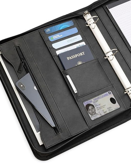 Forevermore Portfolios Portfolio Organizer - 3 Ring Binder with Notepad - 1.5 Inch Rings - Zippered Storage Pockets for Papers, Travel Documents, Presentation Folder, Cards, Passport, Tickets - Black