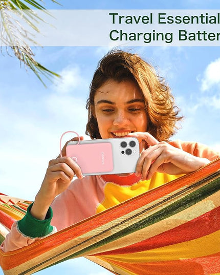 miisso 6000mah Ultra Slim Built in Cables Power Bank, Card Size Built in USB C Cords Battery Pack Portable Charger for Phones, 3 Output External Battery Pack Compatible with iPhone, Pink