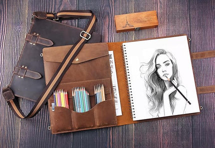 Robrasim Handmade Leather Sketchbook Cover, Artist Sketch Pad Holder for 11"X14" Sketchbook, Drawing Book and Pencil Case, Journal Notebook Portfolio with Shoulder Strap, Artist Gifts, Brown