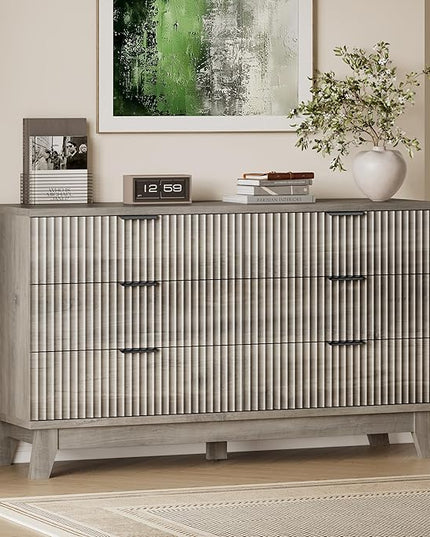BORNOON 53" Long Dresser for Bedroom, 6-Drawer Dresser with Fluted Fronts, Wide Wood Chest of Drawers, Smooth Metal Slides, Stable Base, Modern Clothes Storage Cabinet for Living Room, Hallway