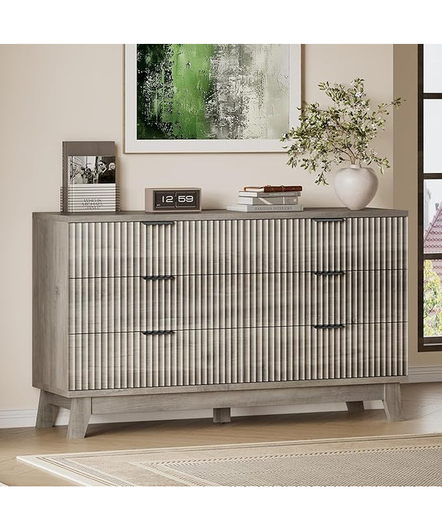 BORNOON 53" Long Dresser for Bedroom, 6-Drawer Dresser with Fluted Fronts, Wide Wood Chest of Drawers, Smooth Metal Slides, Stable Base, Modern Clothes Storage Cabinet for Living Room, Hallway