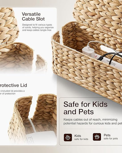 Tidita Wicker Cable Management Box with Lid - 15 inch Cable Organizer Box and Power Strip Box for Electrical Cord Management - Desk Cord Hider and Floor Cable Management for Office (Natural Color, 1)