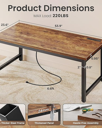 Huuger 55 x 24 inch Desk with Power Outlets & USB-C, Deeper & Thicker Desktop, Robust Metal Tubes, Computer Desk, Heavy Duty Office Desk, Work Gaming Desk for Home Office, Rustic Brown