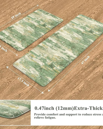 Collive Kitchen Mats Cushioned Anti Fatigue, Modern Abstract Non Slip Kitchen Floor Mat Waterproof Green Sink Rug 2 Piece, Comfort Desk Standing Rugs for Bedroom, Office, Laundry, 17"x29"+17"x47"