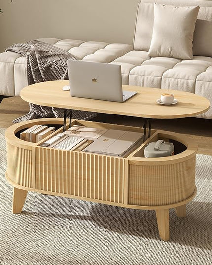 LYNCOHOME Fluted Lift Top Coffee Table with Storage,Modern Oval Coffee Table for Living Room Or Home Office（Natural）