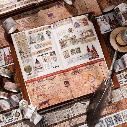 24 Rolls Vintage Washi Tape Set, Antique Car Buildings Map Stamp Stripe Writable Aesthetic Washy Decorative Tapes for Scrapbooking, Junk Journal Supplies, Bullet Journaling 5-75mm Wide (3m Long)/Roll