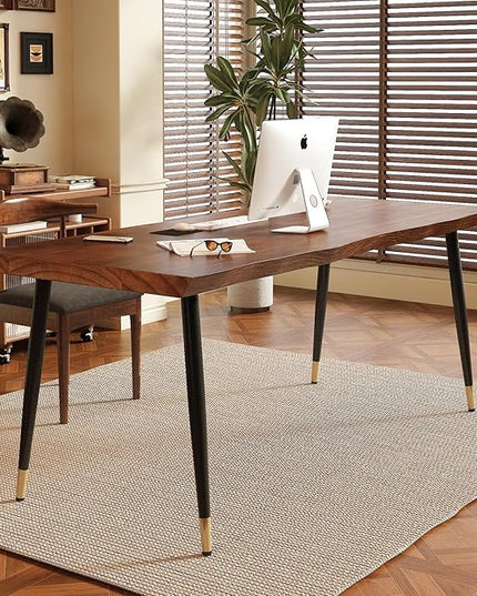 Solid Wood Desk 55 inches, Home Office Computer Desk Wooden Rustic Writing Desk Metal Modern Simple Design Executive Real Wood Desk(Walnut)