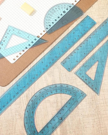 Tenare 1 Set Plastic Clear Math Set Includes Protractor Triangle Rulers 12 Inch 6 Inch Straight Geometry Math Transparent Ruler Measuring Tool for School Office Home Supplies(Blue)