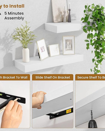 Fun Memories Floating Shelves Bathroom for Wall Mounted Shelves, 20 Inch Wood Shelf Set of 2, Home Storage & Display Decor, White