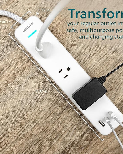 Philips EZFit 3-Outlet Adapter-Spaced Surge Protector, 6ft Braided Cord, Power Strip, Extension Cord with 2 USB-A and 1 USB-C, 490J, White, SPP3863W/37
