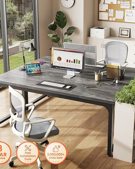 Huuger 63 x 24 inch Desk with Power Outlets & USB-C, Deeper & Thicker Desktop, Robust Metal Tubes, Computer Desk, Heavy Duty Office Desk, Work Gaming Desk, for Home Office, Grey