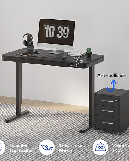 FLEXISPOT Comhar Electric Standing Desk with Drawer Desktop & Adjustable Frame Quick Install w/USB Charge Ports (Black, Wood)