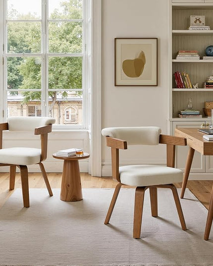 Fat Ant Office Chair No Wheels - Mid Century Modern Desk Chair, Fabric Upholstered Accent Arm Chair with Walnut Legs for Small Spaces Home Office Living Room Bedroom Study, Off White