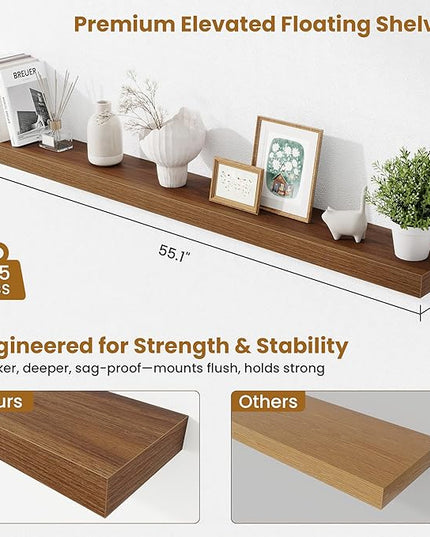 Fun Memories 55 Inch Floating Shelves Bedroom, Large Extra Floating Shelf Set of 2 with Invisible Brackets, Walnut
