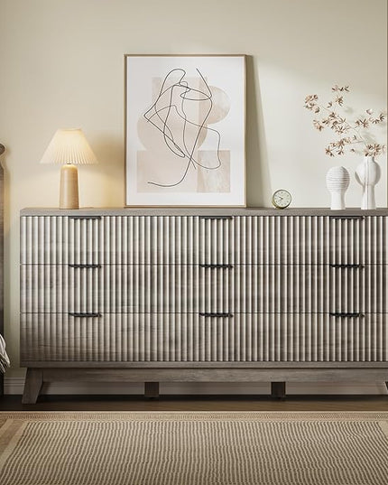 BORNOON 63" Long Dresser for Bedroom, 9-Drawer Fluted Dresser, Extra-Wide Wood Chest of Drawers with Smooth Metal Slides, Stable Base, Modern Clothes Storage Cabinet for Living Room, Hallway, Nursery