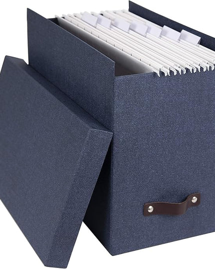 Bigso John Desktop File Box - File Storage Box and Document Organizer for Important Paperwork - Durable Hanging File Box with a Lid and Leather Handle - 7.36 in x 13.26 in x 10.51 in - Blue
