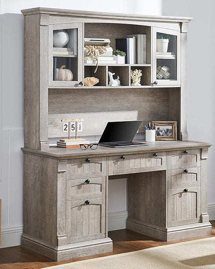 OKD 60" Executive Desk with Hutch and Drawers, Farmhouse Home Office Desk with Charging Station, Keyboard Tray, File Cabinet Storage, Wood Computer Desk for Work and Study, Light Rustic Oak
