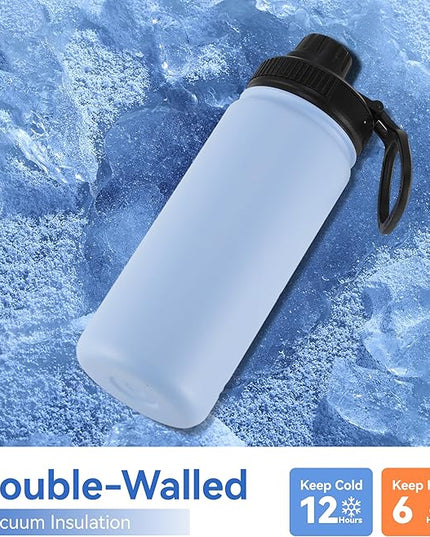 DOMICARE 16 oz Kids Water Bottle for School Stainless Steel Double Wall Vacuum Insulated Water Bottle with Straw lids & Spout Lid, Leakproof BPA Free (Light Blue,4)