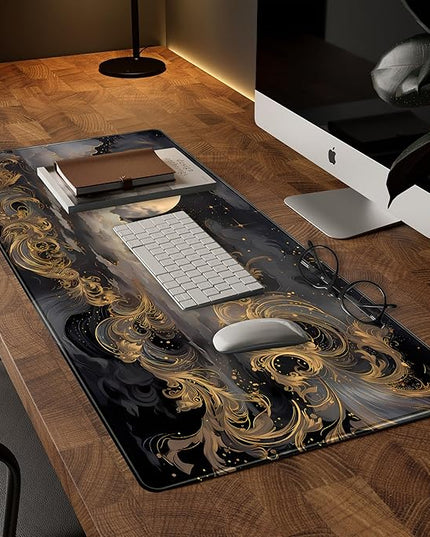 Golden Moon Desk Pad Black Desk Mat XXL Mouse Gaming Pads, Starry Sky Keyboard Pads Extra Large Desktop Computer Mats with Non-Slip Base & Stitched Edges, Vintage Office Decor 31.5" x 15.7"