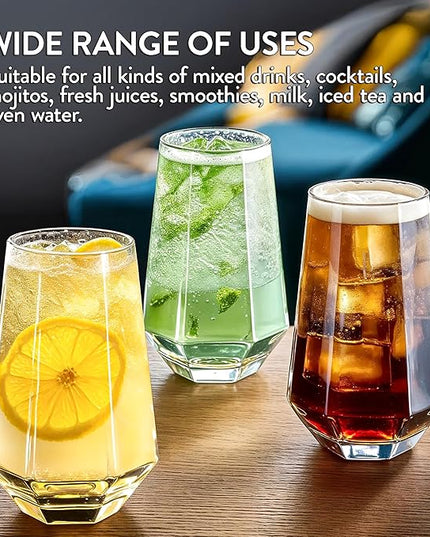 Crystal Beverage Glasses- Set of 6- Hexagon Design – 16oz Beer Tumbler & Highball Glass | Modern Tall Drinking Glass for Beer, Cocktails, Iced Tea, Cold Drinks & Everyday Use