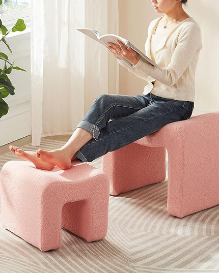 Ottoman Set of 2 Vanity Stool Chair Seating Backless Modern Foot Rest Teddy Velvet Small Footstool Ottoman for Makeup Room Living Room Bedroom Entryway,(2-in-1) Pink