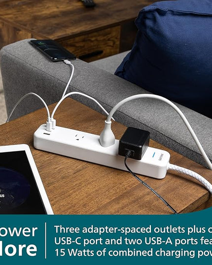 Philips EZFit 3-Outlet Adapter-Spaced Surge Protector, 6ft Braided Cord, Power Strip, Extension Cord with 2 USB-A and 1 USB-C, 490J, White, SPP3863W/37