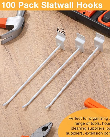 Moxweyeni 100 Pack Slatwall Hooks Slatwall Accessories Slat Wall Hanging Pegboard Hangers Slat Board Display Hooks for Retail Garage Organization Gridwall, White(7.8 Inch)