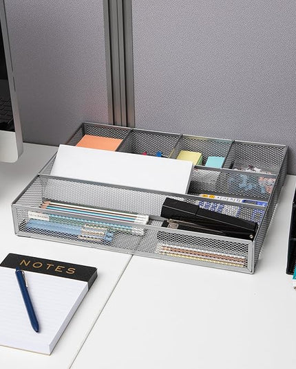 Mind Reader Drawer Organizer, Desk Org, Utensil Organizer, Office, Kitchen, Metal Mesh, Set of 2, Silver