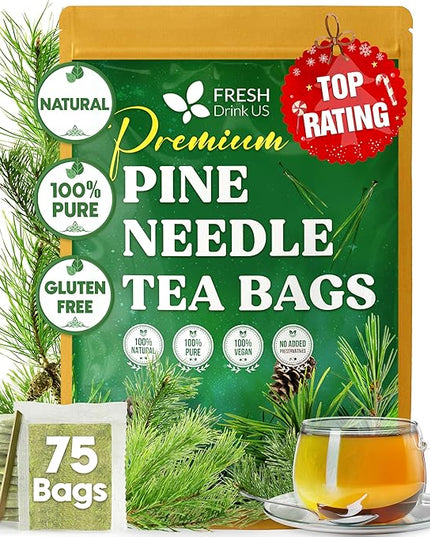 FreshDrinkUS, Pine Needle Tea Bags – 75 Tea Bags, Naturally Caffeine-Free, Refreshing Herbal Tea, Wild-Harvested Pine Leaves, Aromatic and Soothing – Non-GMO & Eco-Friendly Packaging