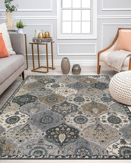 Lahome Moroccan Machine Washable Area Rugs, 4x6 Rug for Living Room Bedroom, Soft Non-Slip Rug Vintage Trellis Ultra-Thin Throw Carpet for Dining Room Office, Grey