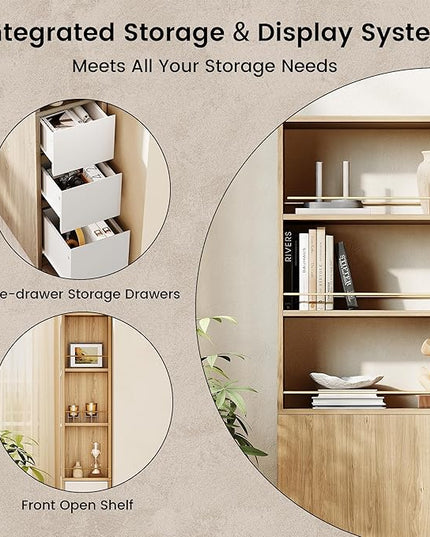 Bookcase with 3 Drawers and Storage Shelves, 71''Tall Corner Bookshelf with 3 Tier Open Double-Sided Design, Multi Functional Organizer, Wood Bookshelves for Home/Office, Light Walnut