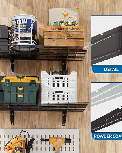 2-Pack 2x4ft Garage Wall Shelving, 24"x48" Shelf Storage Rack Floating Shelves Wall Mounted, Heavy Duty Storage Shelves, 800lbs Load Capacity, with 8 Hooks for Garage Organization, Black