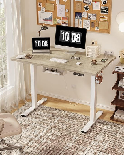 FLEXISPOT EN2 Whole-Piece Standing Desk with Clamp Power Strip, 40 x 24 Electric Stand Up Height Adjustable Desk with Cable Management (White Frame + 40" White Wood Grain Desktop)
