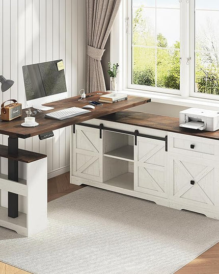 63" Farmhouse Electric Standing Desk Adjustable Height Sit Stand Corner Stand Desks, L Shaped Standing Computer Desk with Power Outlets & Storage Drawers & Sliding Door for Home Office, White